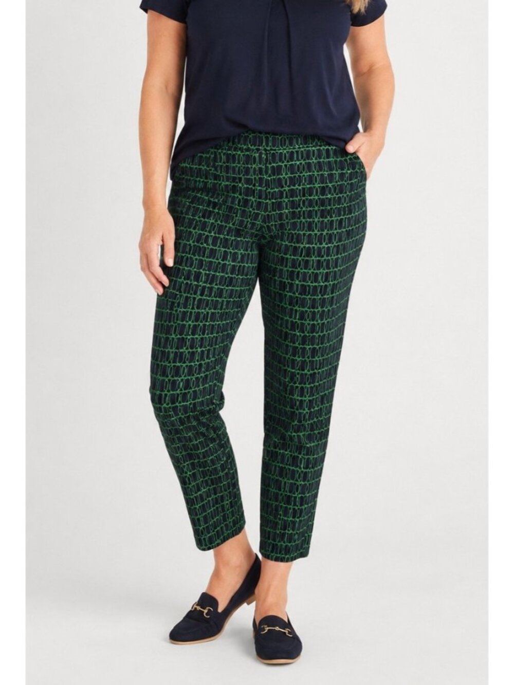 Chico's Travelers 1R US 8R Navy Green Print Pull On Ankle Pants Stretch Slim